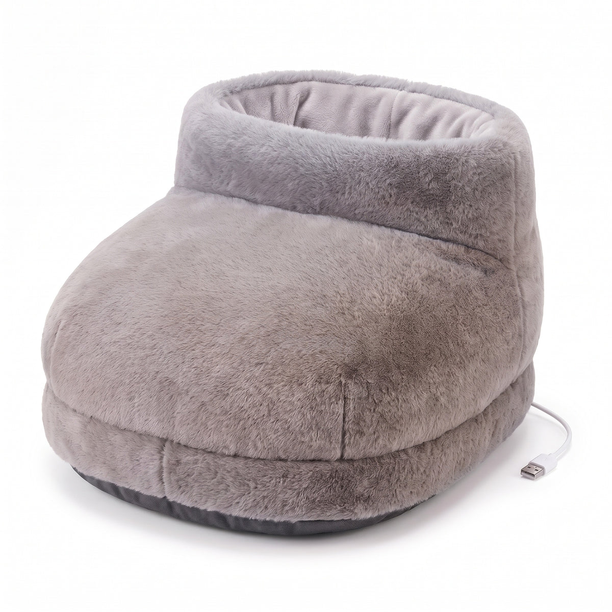 Fluffy grey faux fur USB foot warmer for both feet