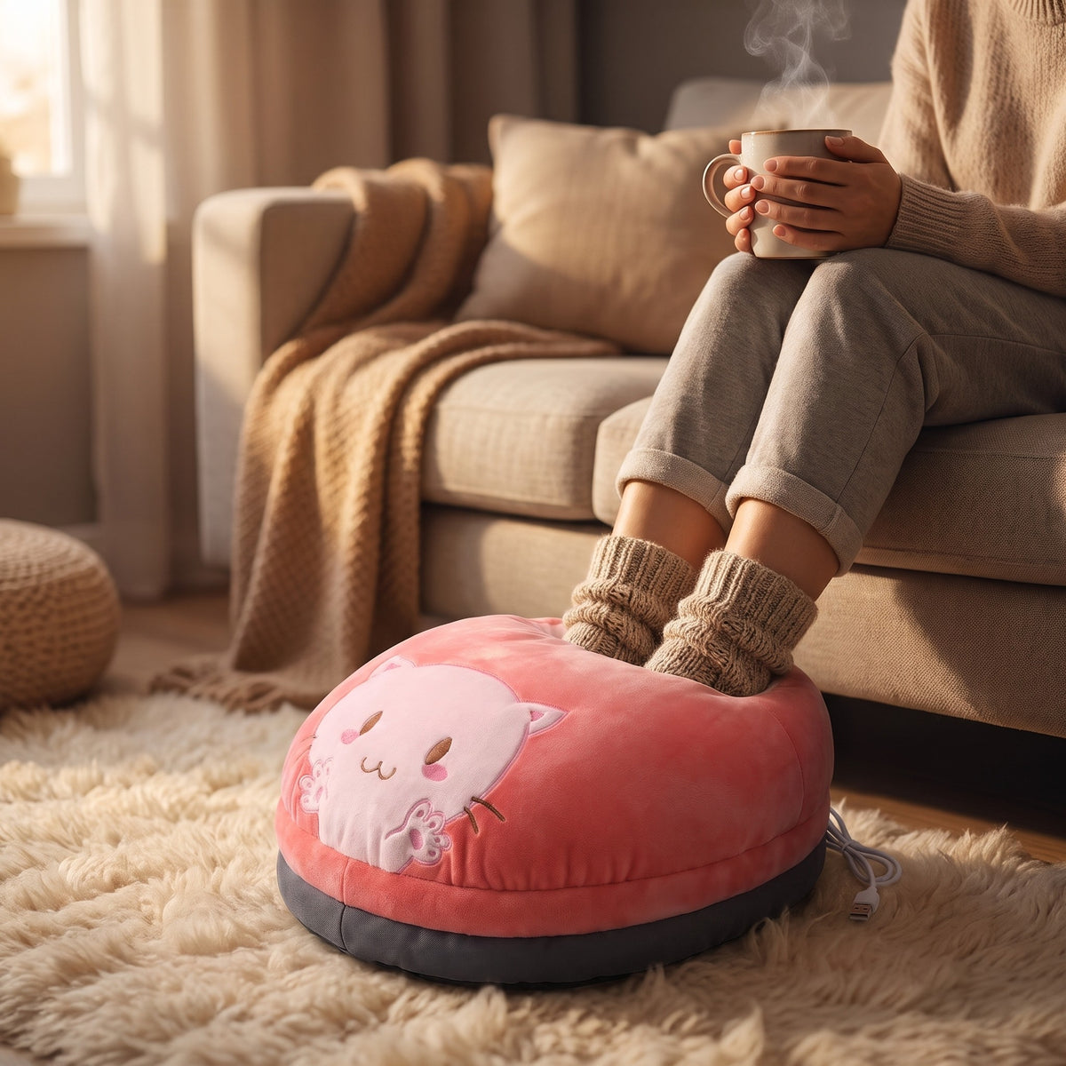 Woman holding a mug with her feet in a pink cat heated foot warmer on a rug