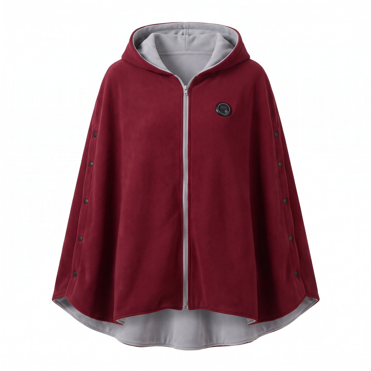 Burgundy heated hooded cape with zip front and heat button on the chest