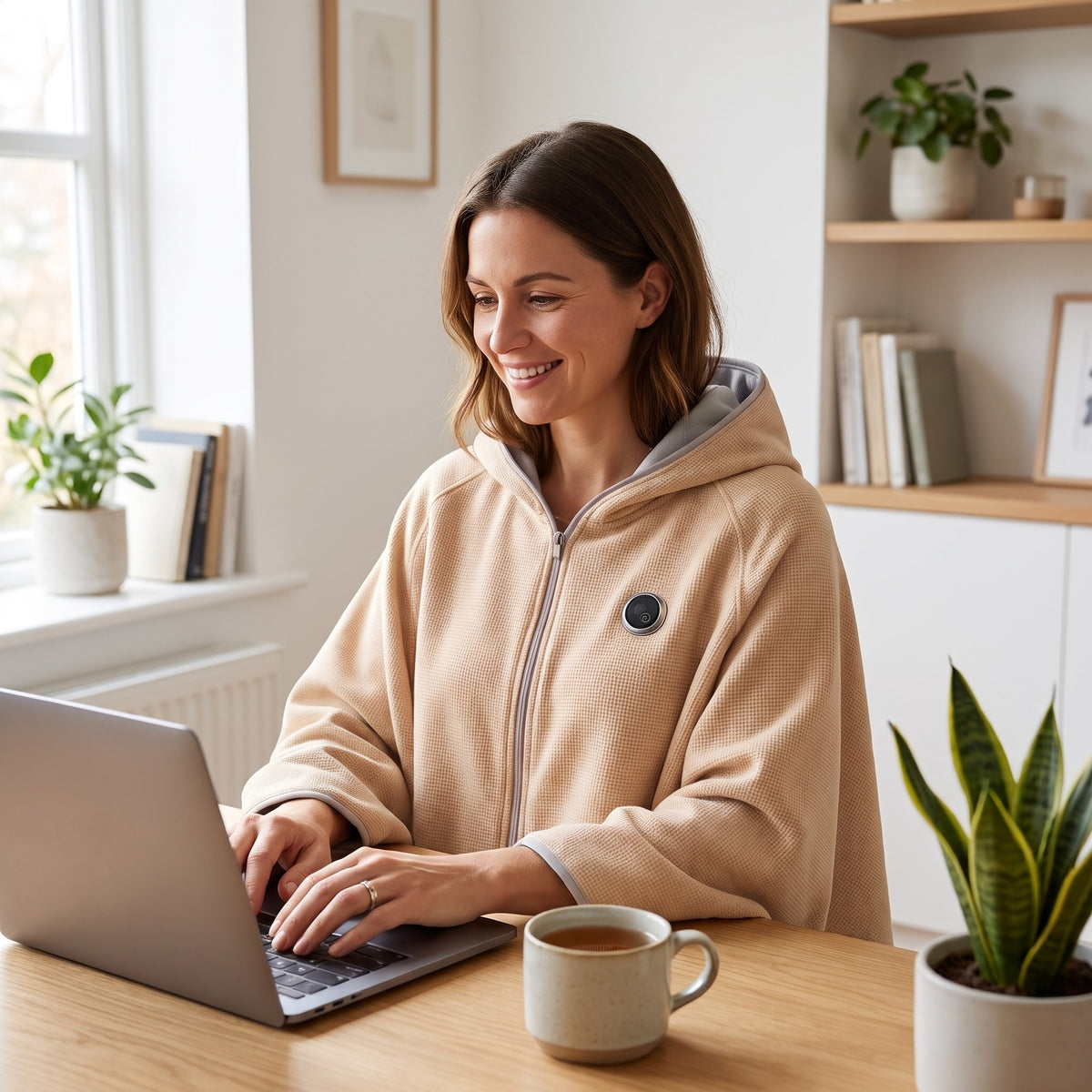 Woman in a beige heated hooded cape typing on a laptop at an oak desk