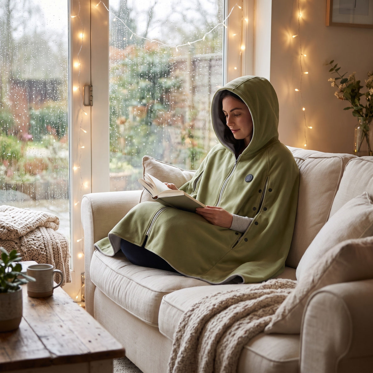 Woman in an olive green heated hooded shawl reading on a cream sofa by the window