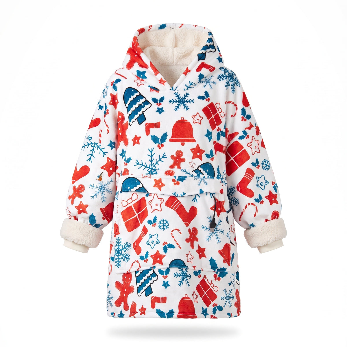 White Christmas print USB heated hoodie blanket with sherpa cuffs