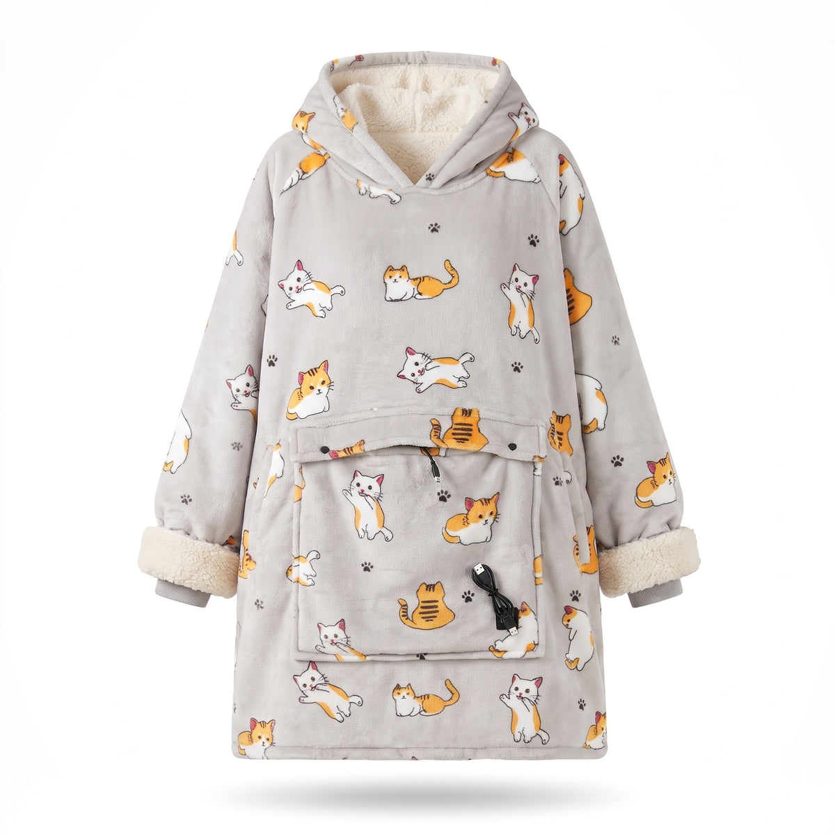 Grey cat print heated hoodie blanket with front pocket