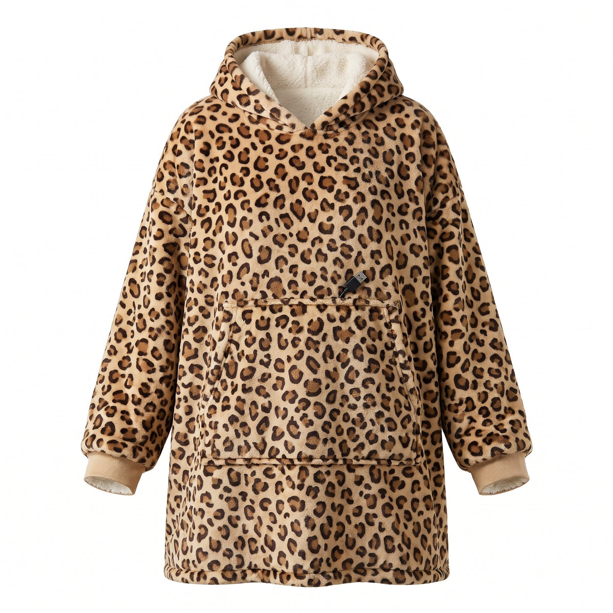 Leopard print heated hoodie blanket with sherpa lined hood
