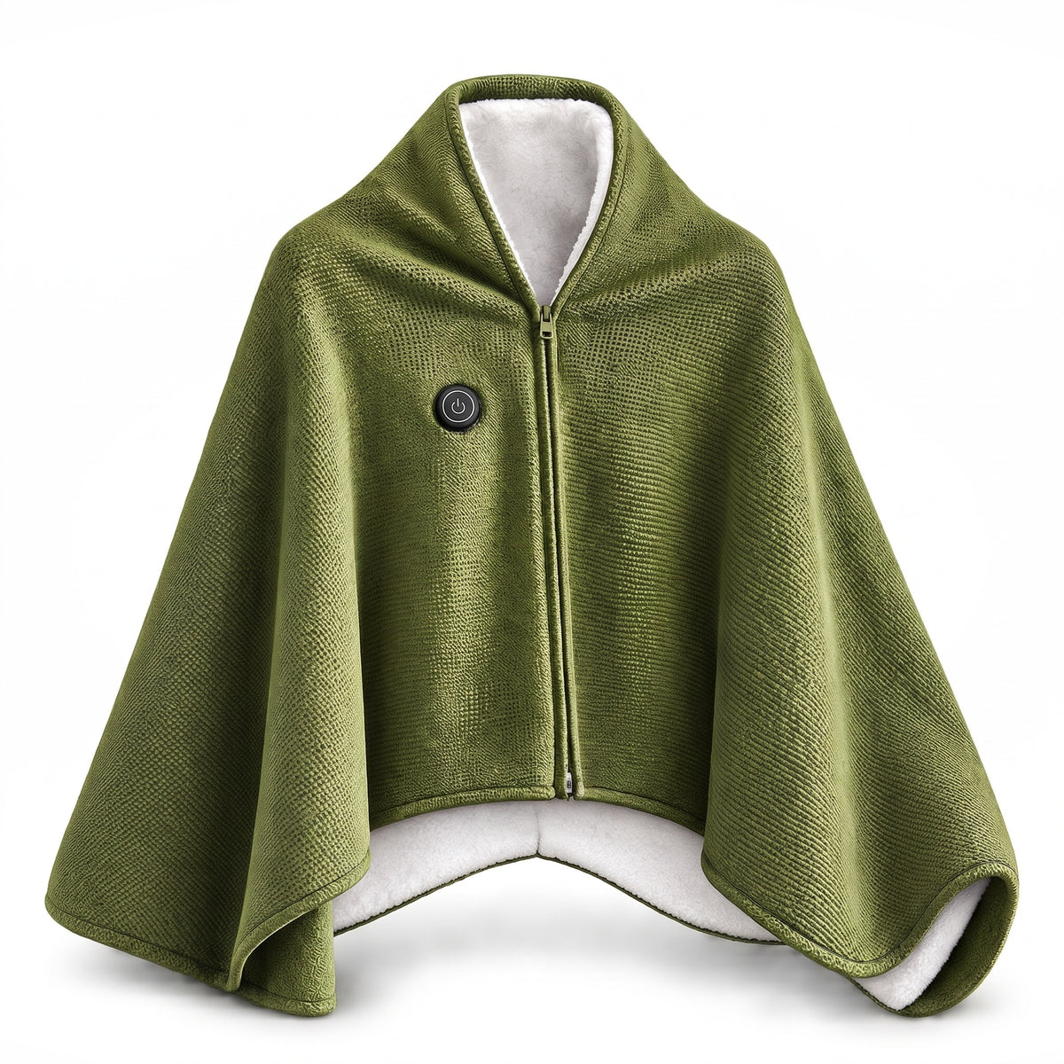Olive green knit look heated wrap shawl with zip and sherpa lining