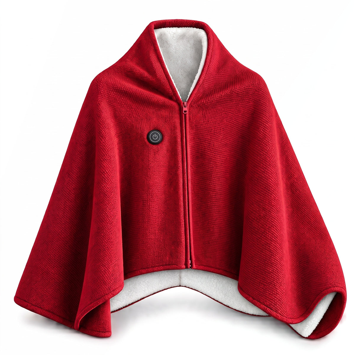 Red heated zip wrap shawl with white sherpa lining and heat button