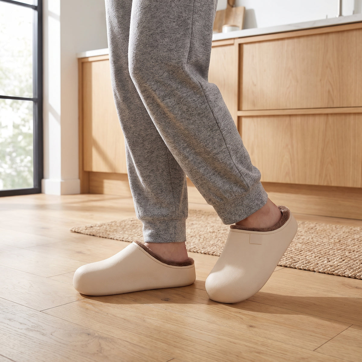 Woman in a kitchen wearing cream waterproof clog slippers
