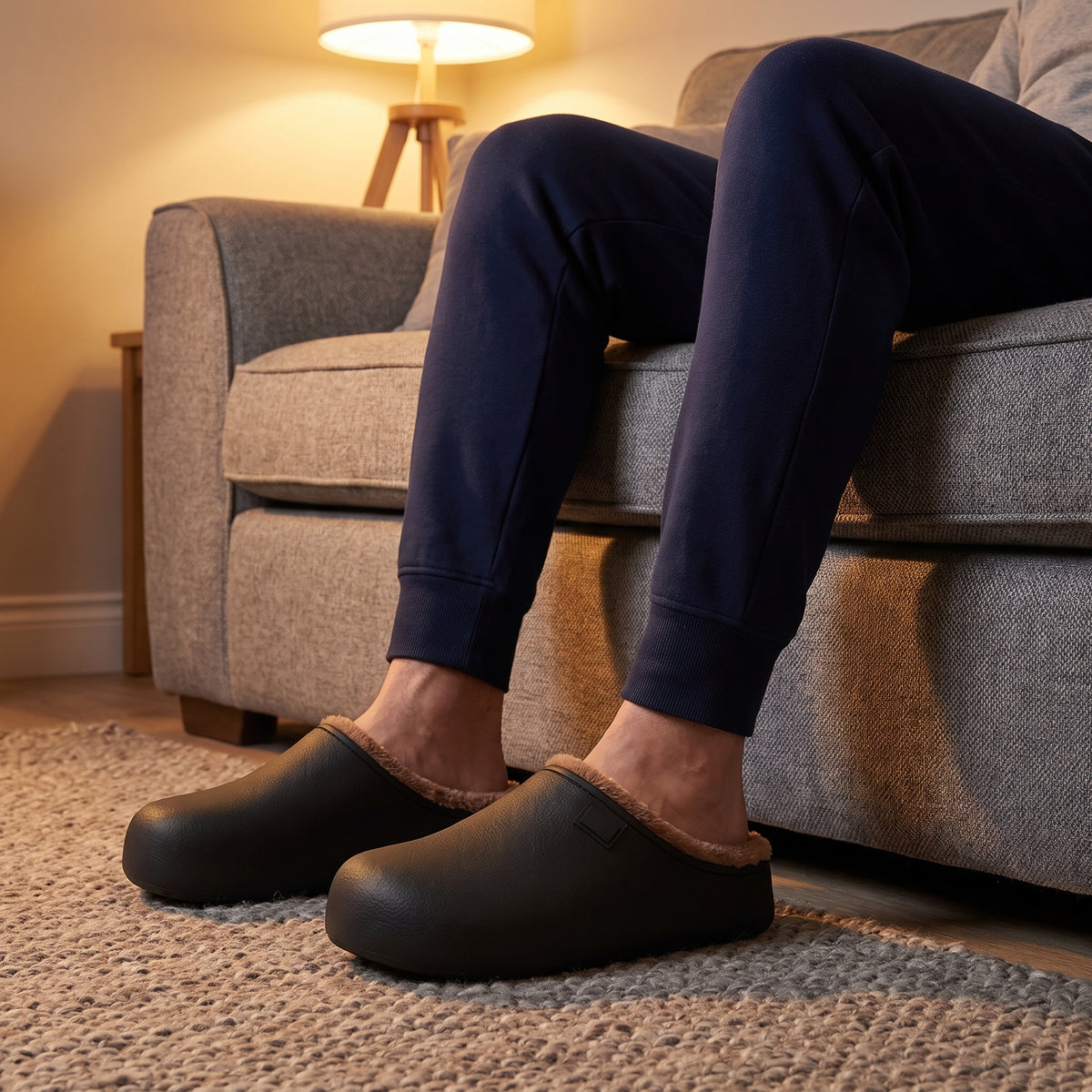 Man relaxing on a sofa wearing black fleece lined clog slippers