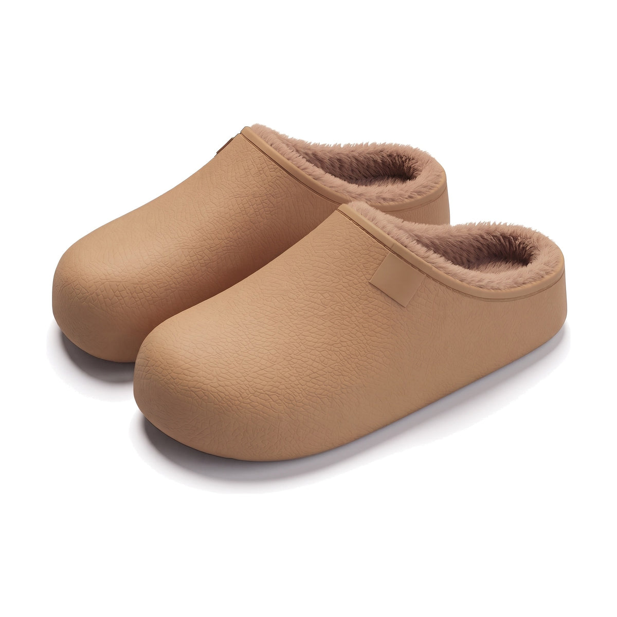 Tan waterproof EVA clog slippers with thick plush lining