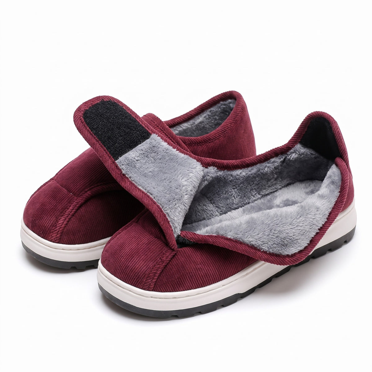Burgundy wide fit adjustable slippers with hook and loop strap and fleece lining