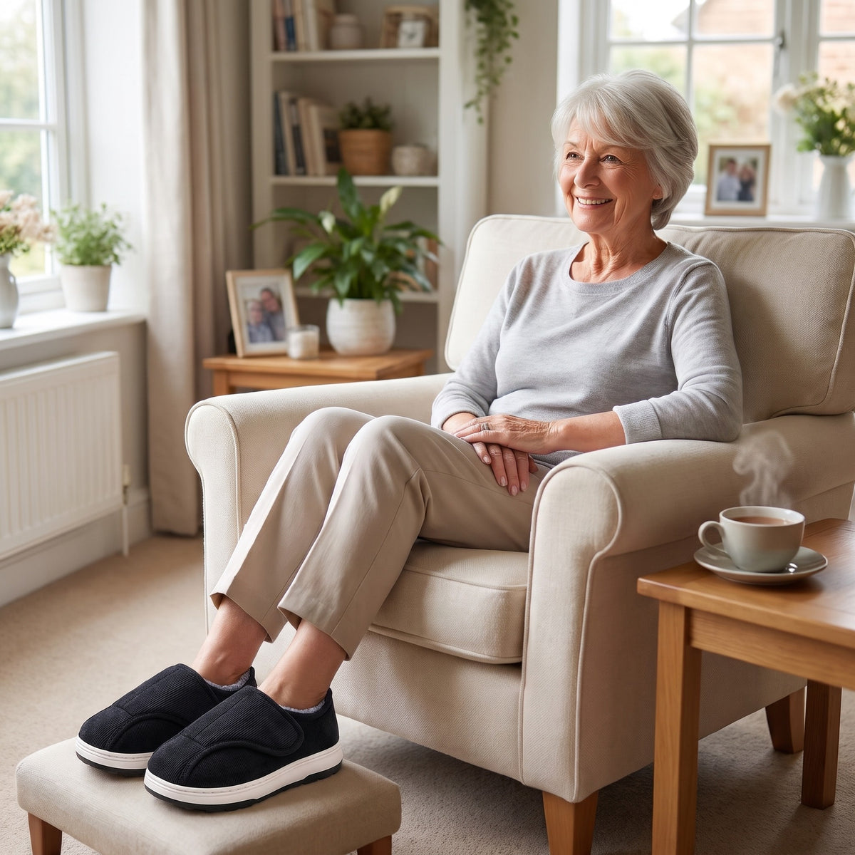 Smiling older woman in an armchair wearing black wide fit easy fasten slippers