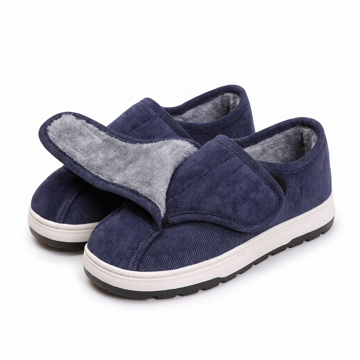 Navy wide fit adjustable slippers with hook and loop strap and fleece lining