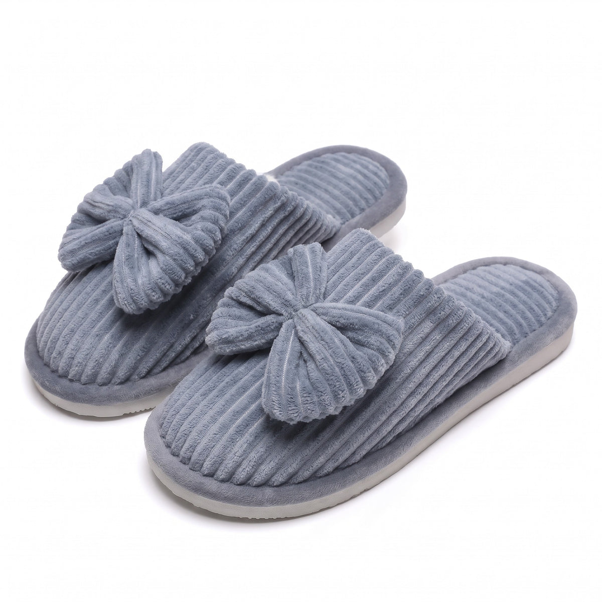 Blue grey corduroy mule slippers with oversized bow