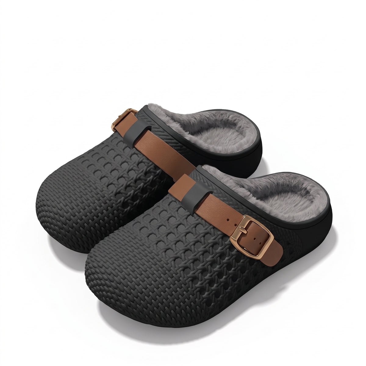 Women's fleece lined clog slippers in black with brown buckle strap