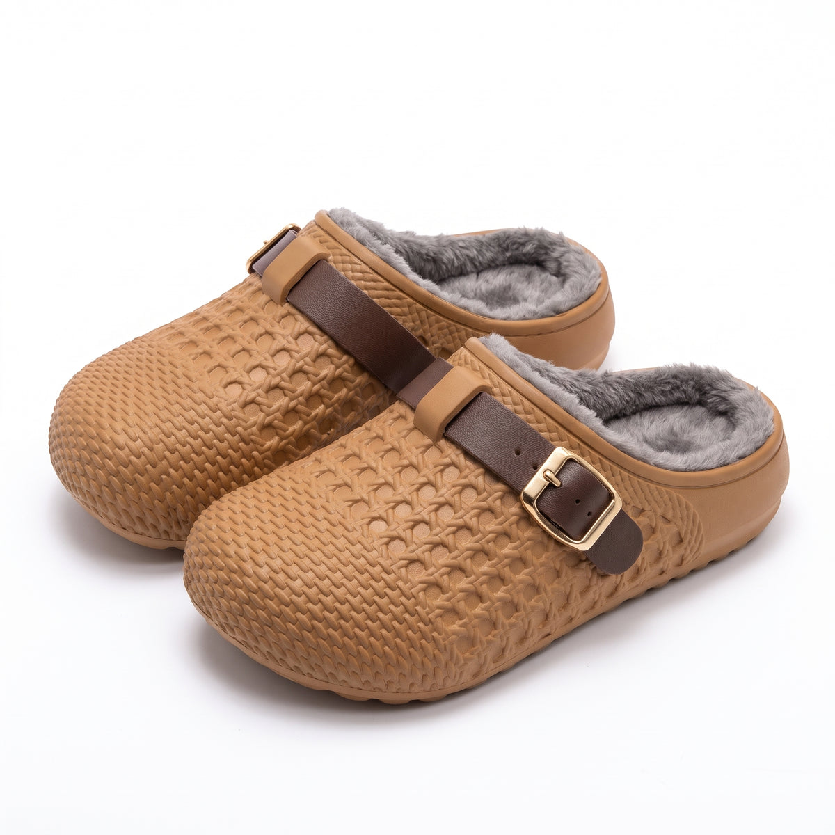 Women's fleece lined clog slippers in brown with buckle strap