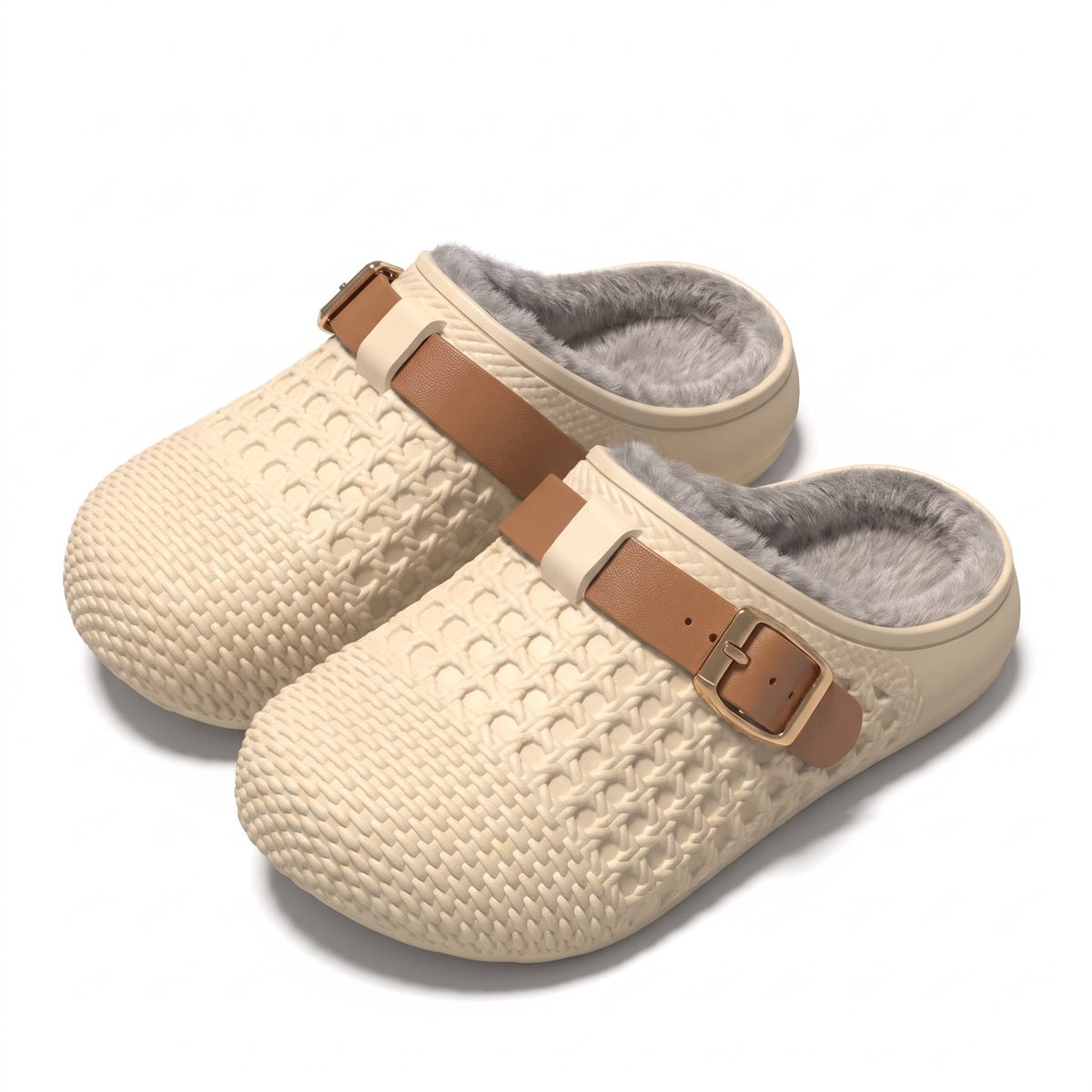 Women's fleece lined clog slippers in khaki with brown buckle strap