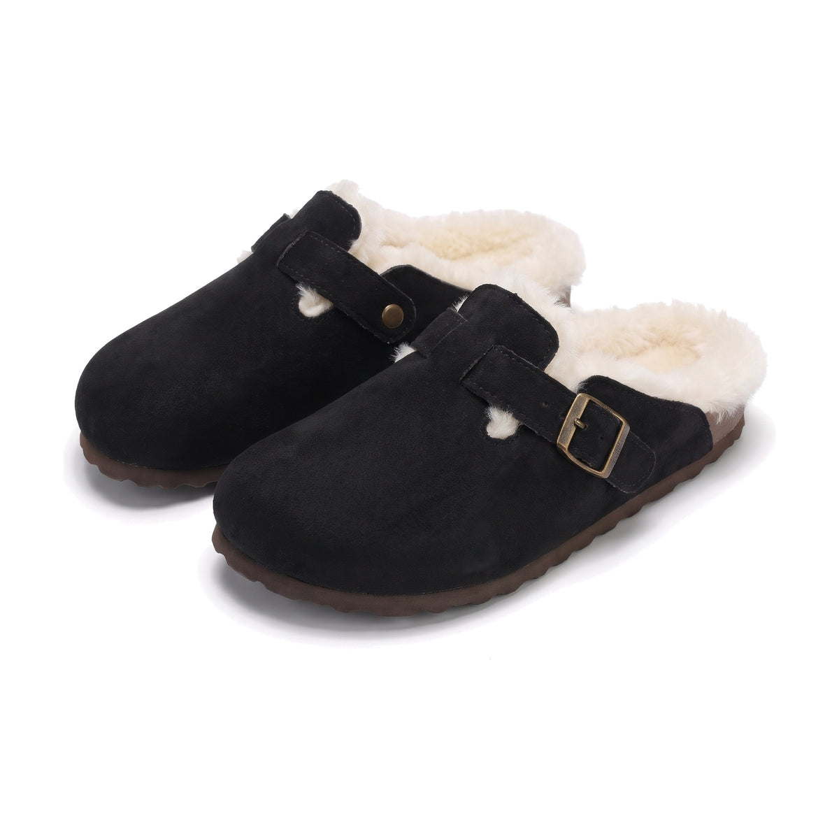 Black faux suede clog slippers with cream faux fur lining