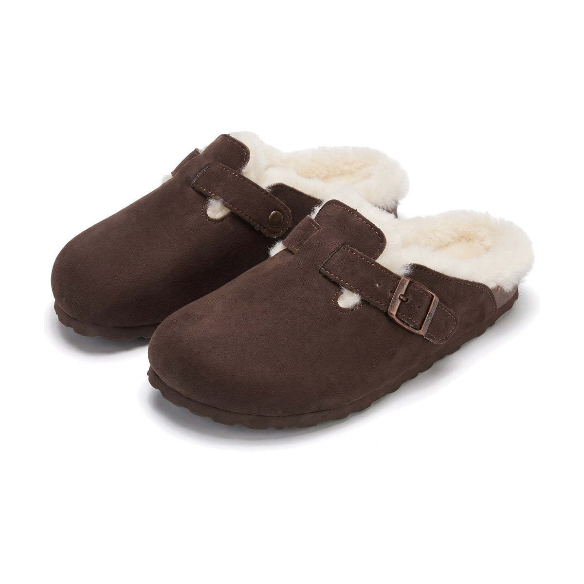 Chocolate brown fur lined clog slippers with buckle strap
