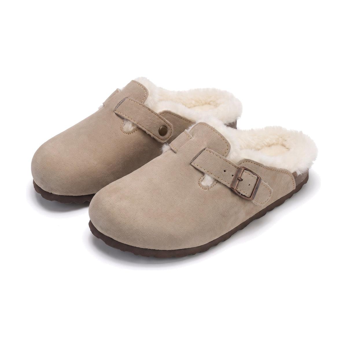 Stone beige faux suede clog slippers with cream faux fur lining and buckle strap