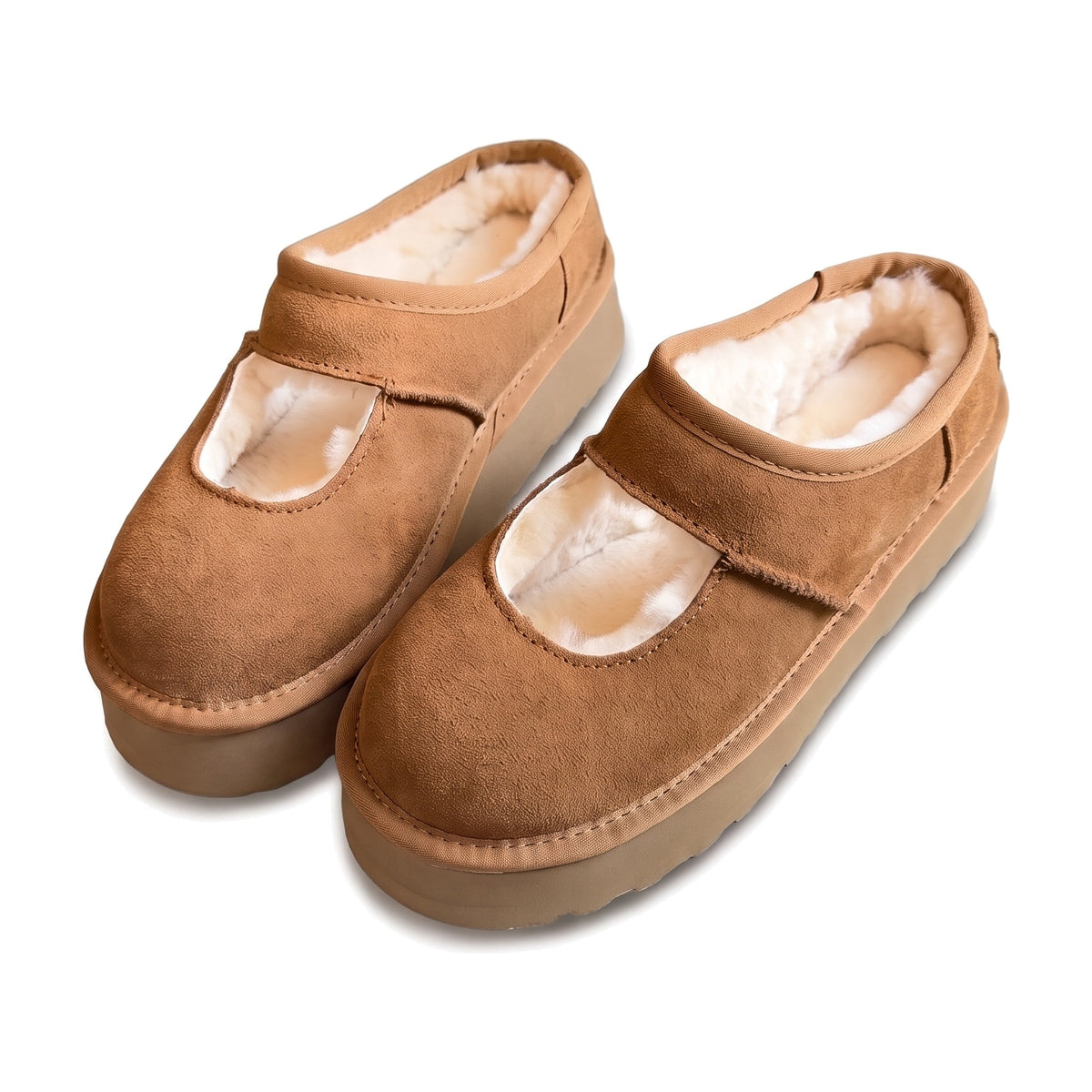 Chestnut faux suede Mary Jane platform slippers with faux fur lining