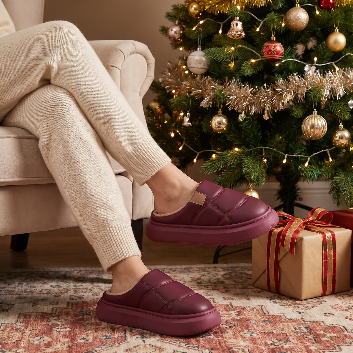 Woman by a Christmas tree wearing burgundy quilted clog slippers
