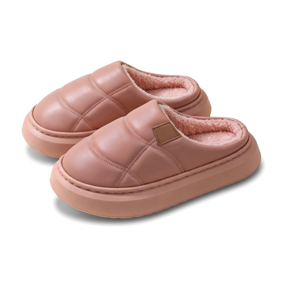 Dusty pink quilted padded clog slippers with plush pink fleece lining