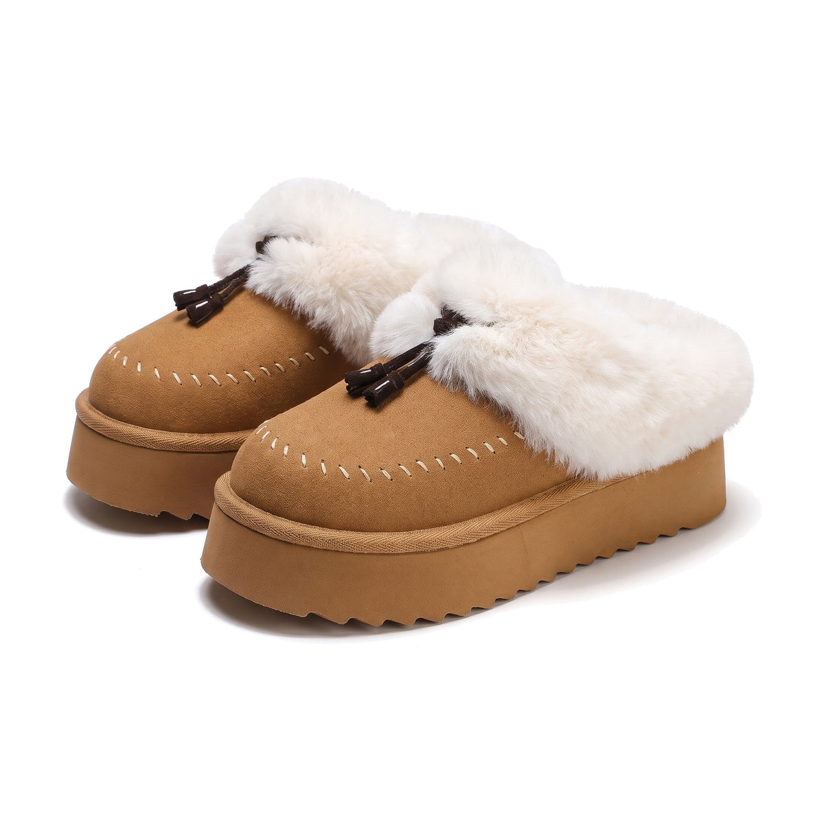 Camel faux suede platform clog slippers with fluffy white faux fur collar