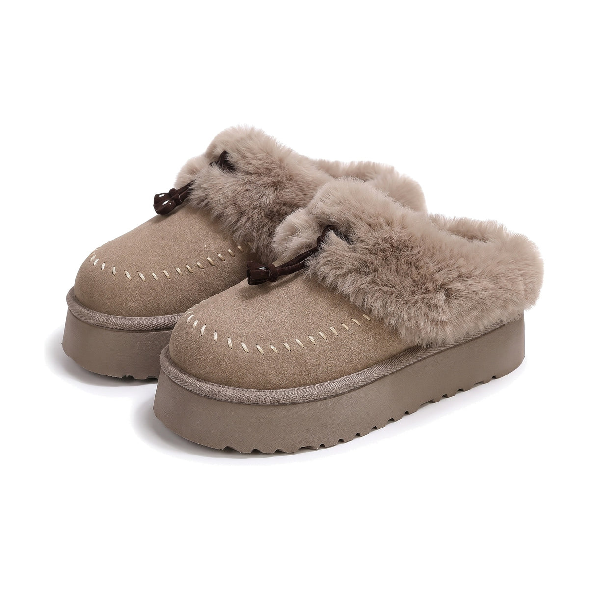 Khaki faux suede platform slippers with taupe faux fur collar and tassel tie