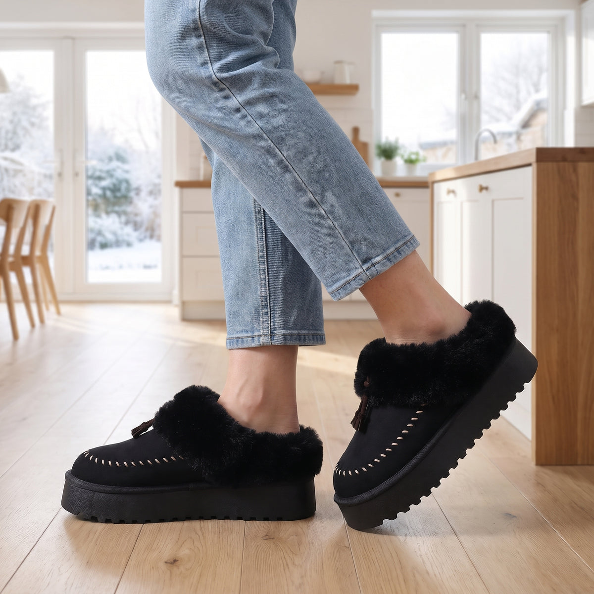 Woman in jeans wearing black platform clog slippers in a kitchen