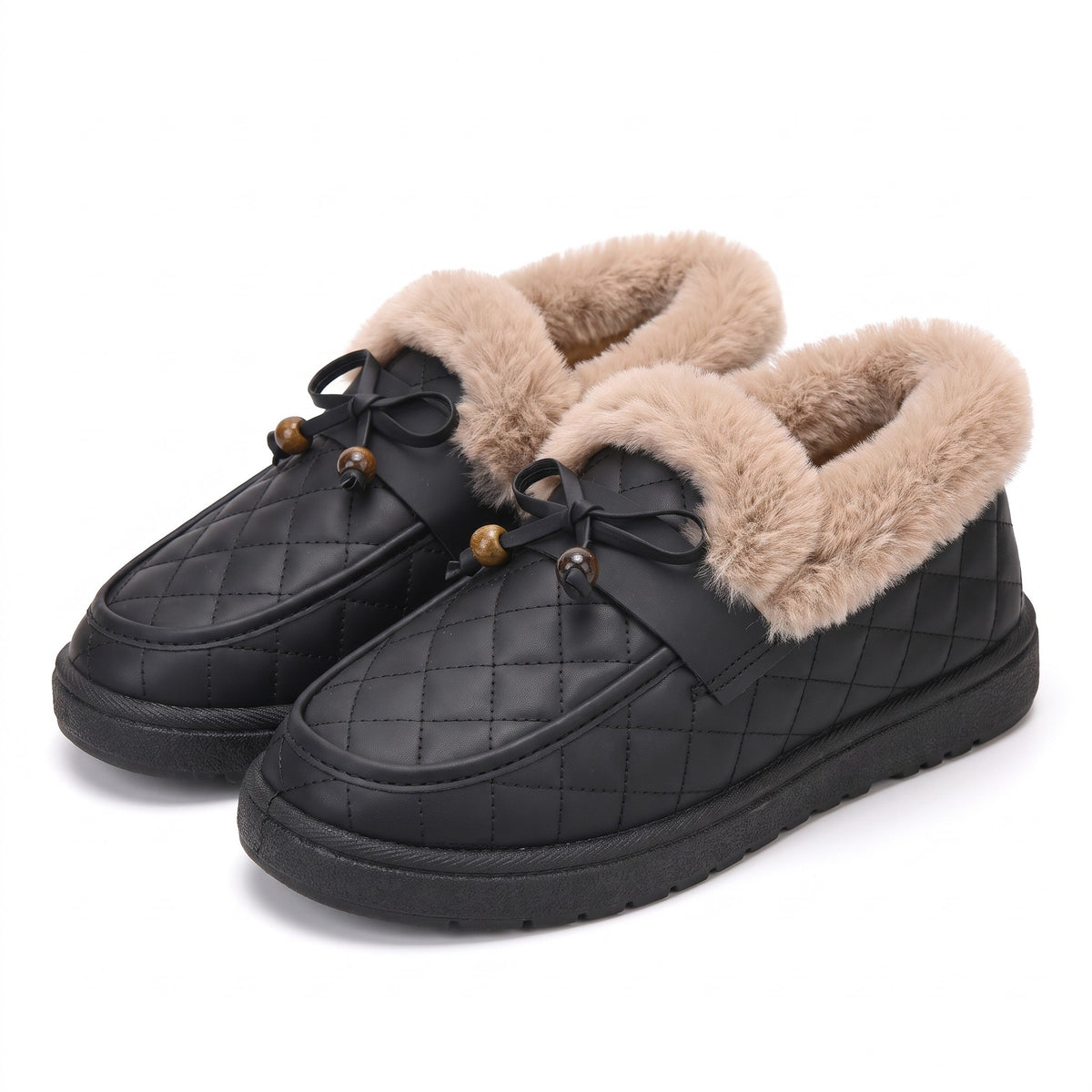 Black quilted moccasin slippers with faux fur collar and bow