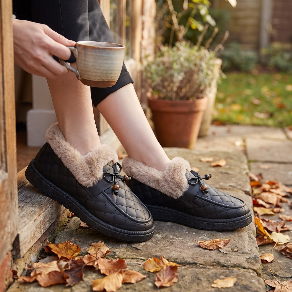 Feet in black quilted moccasin slippers on a doorstep with autumn leaves