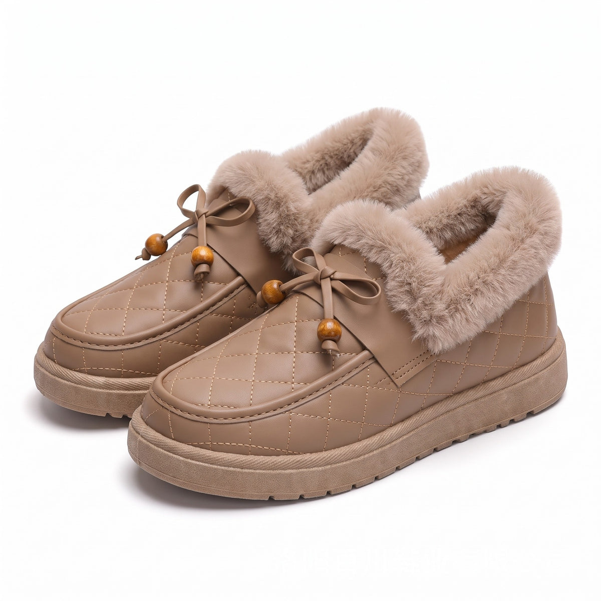 Taupe quilted moccasin slippers with faux fur collar and bow
