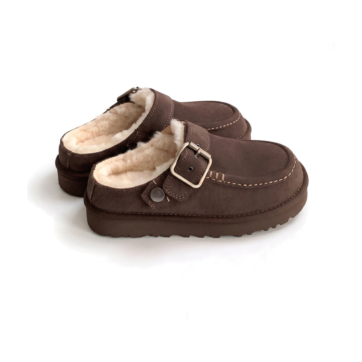 Chocolate brown suede clog slippers with silver buckle strap and wool lining