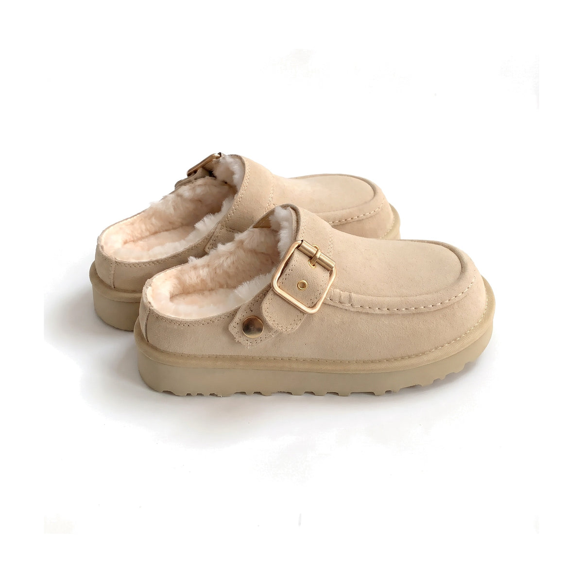 Sand suede clog slippers with silver buckle strap and cream wool lining
