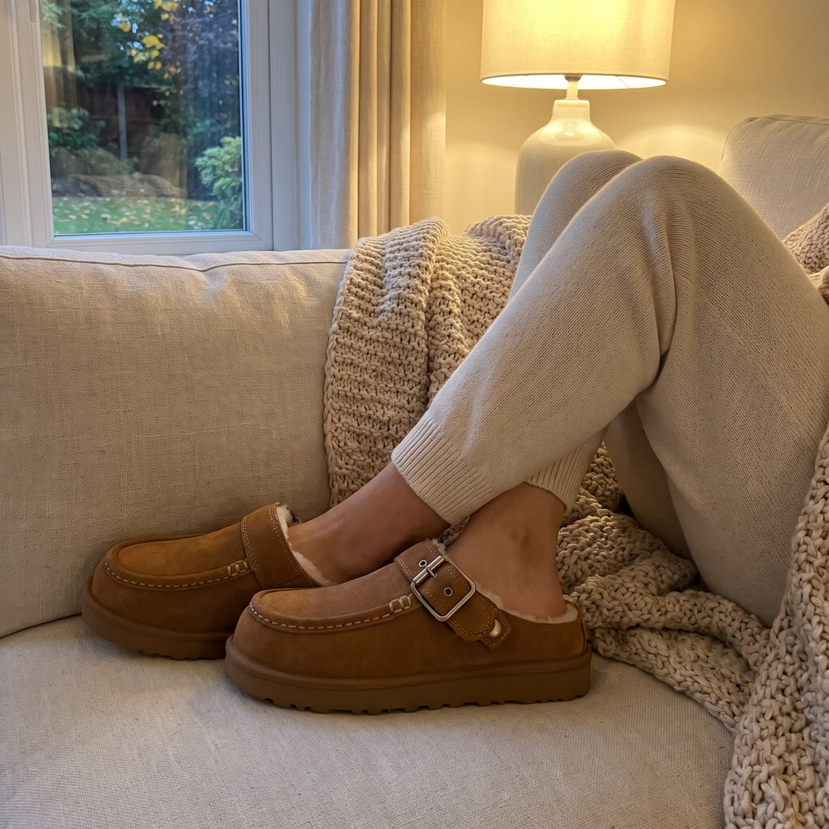 Woman relaxing on a sofa wearing chestnut suede clog slippers by lamplight