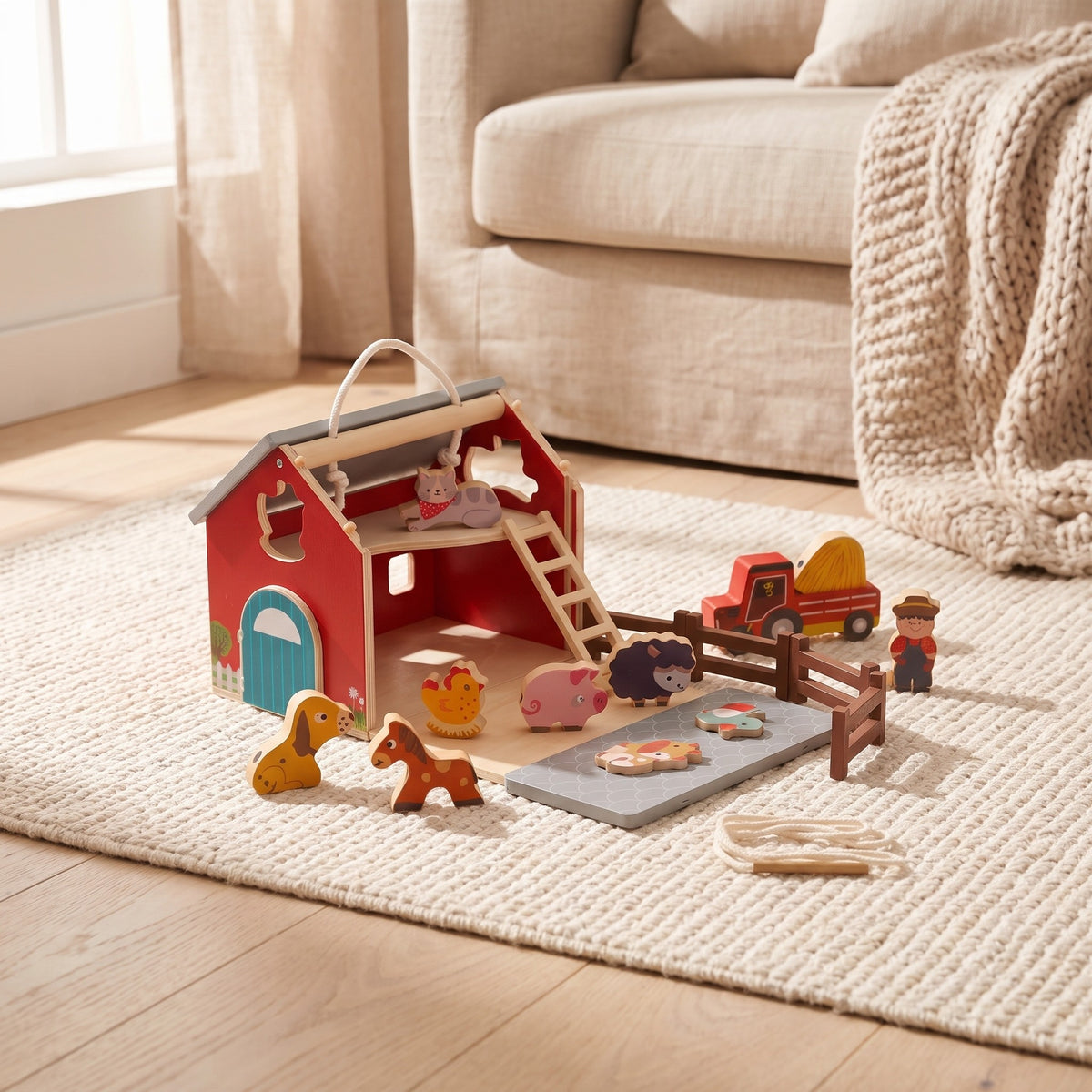 Open wooden farm barn with animals and tractor on a cream rug in a living room