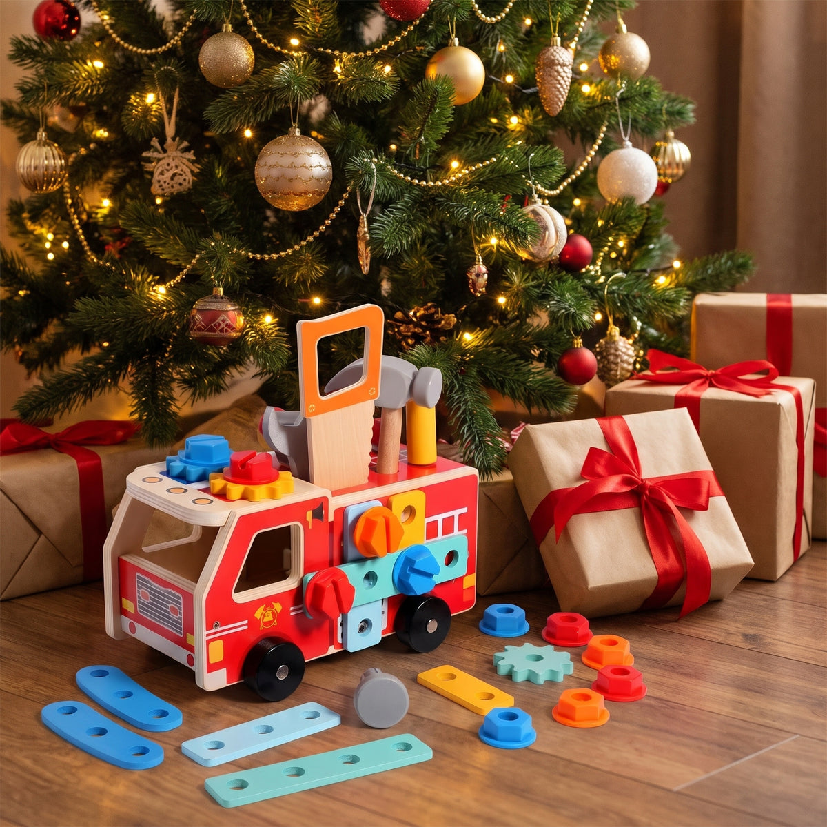 Wooden fire truck toy as a Christmas gift under the tree