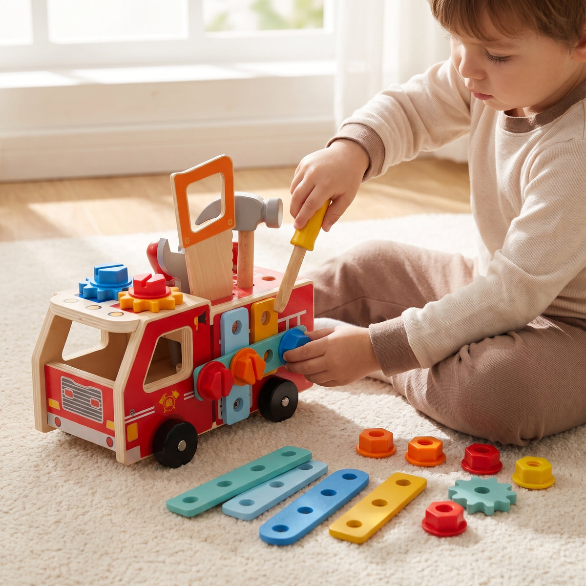 Child aged 3 using the toy screwdriver on the wooden fire truck on a playroom rug