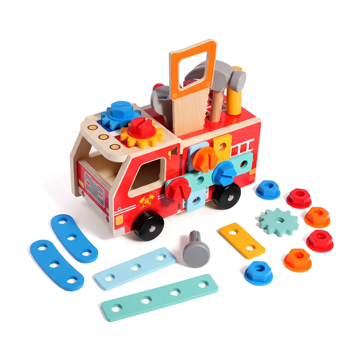 Wooden fire truck tool set with screwdriver, hammer, saw, bolts, nuts, gears and building strips