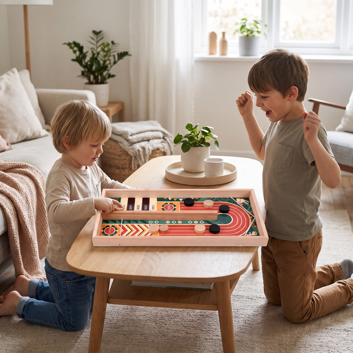 Two children playing the wooden flick race track game on a coffee table