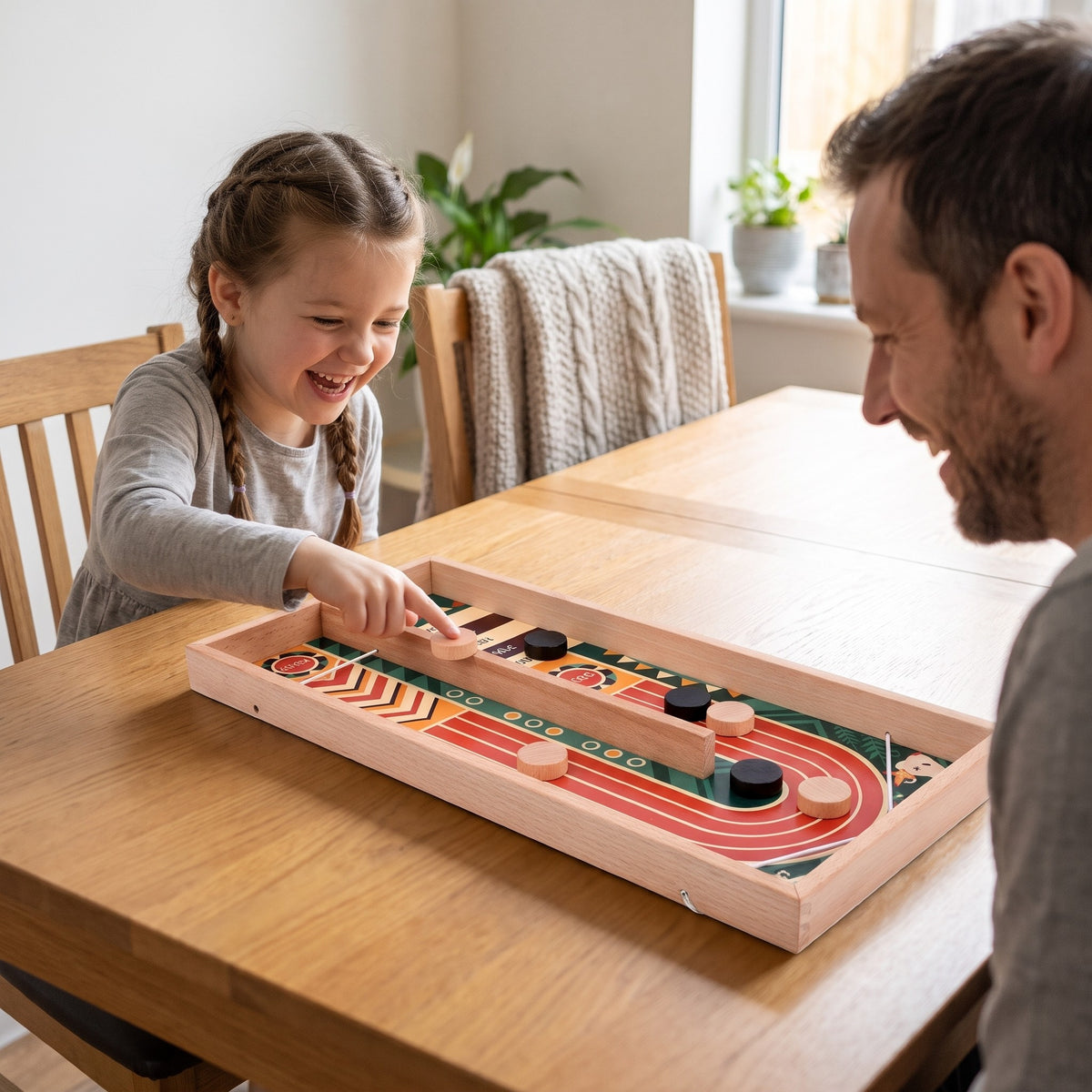 Girl flicking a wooden puck round the race track while her dad watches