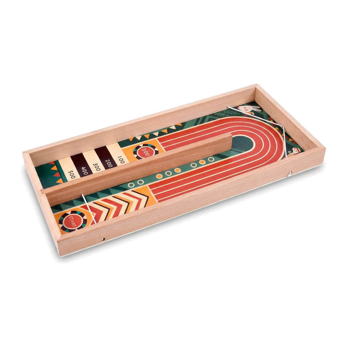 Wooden flick race track board game with elastic launcher and 100 to 500 scoring zone