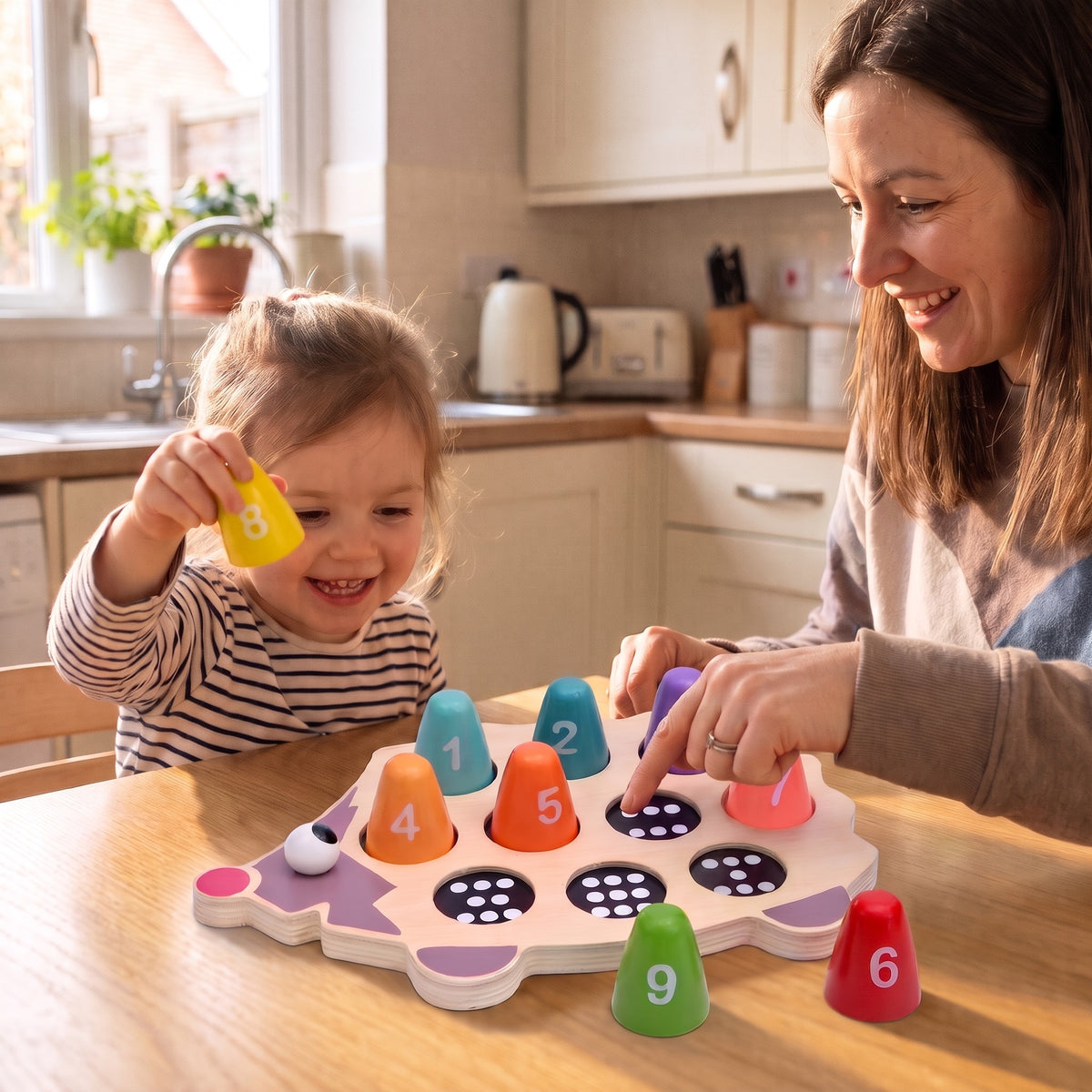 Mum and daughter counting dots together with the wooden hedgehog toy at a kitchen table