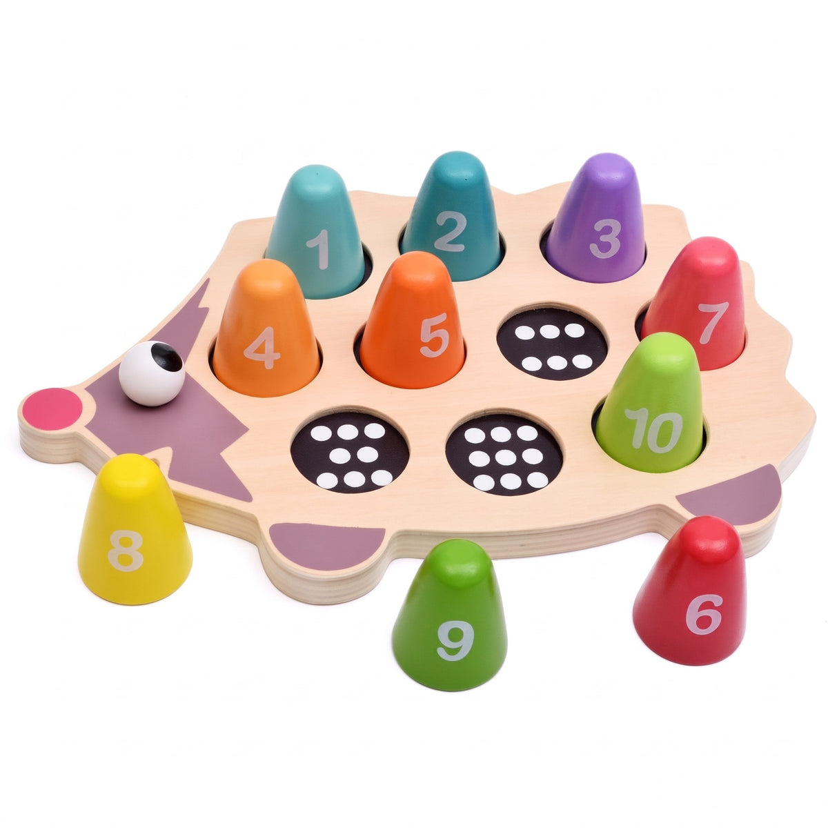 Wooden hedgehog board with rainbow cone pegs numbered 1 to 10 sitting in their holes