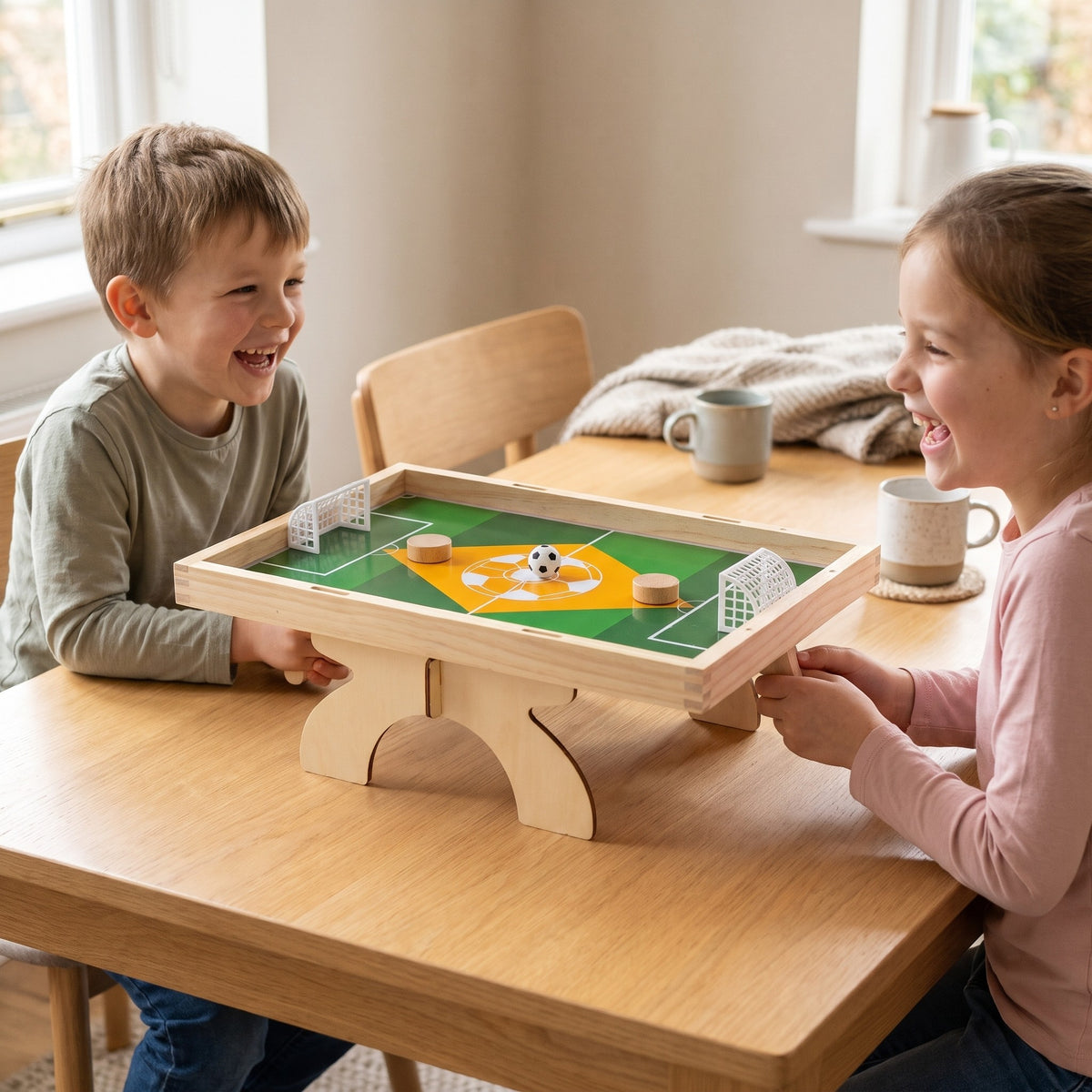 Two children laughing as they play the wooden magnetic football game