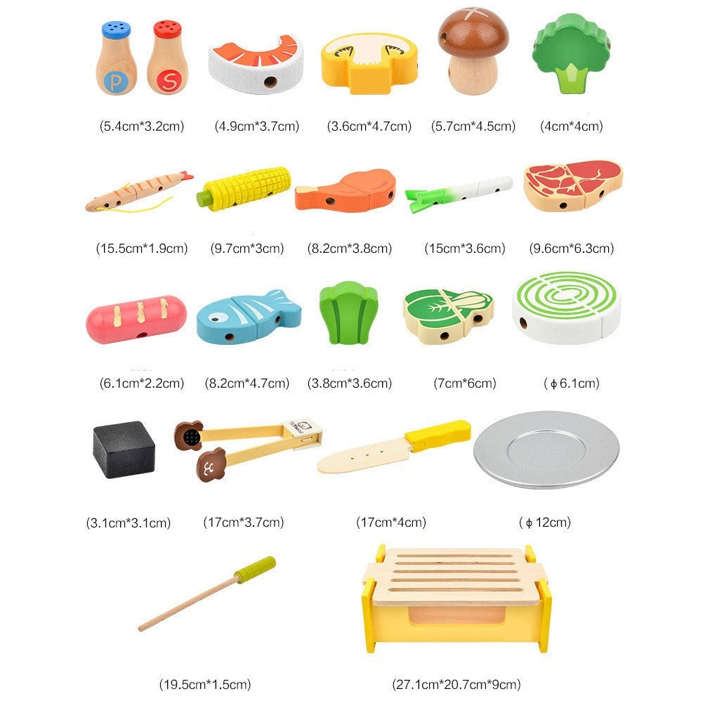 All 32 pieces of the wooden barbecue play food set with their sizes