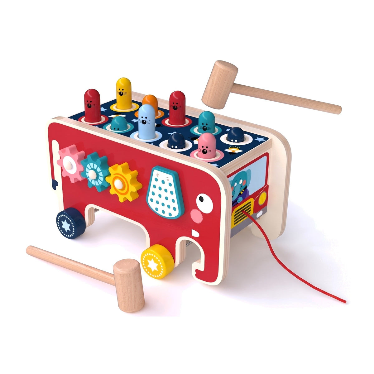 Red wooden elephant pounding bench with ten peg figures, turning gears and two mallets