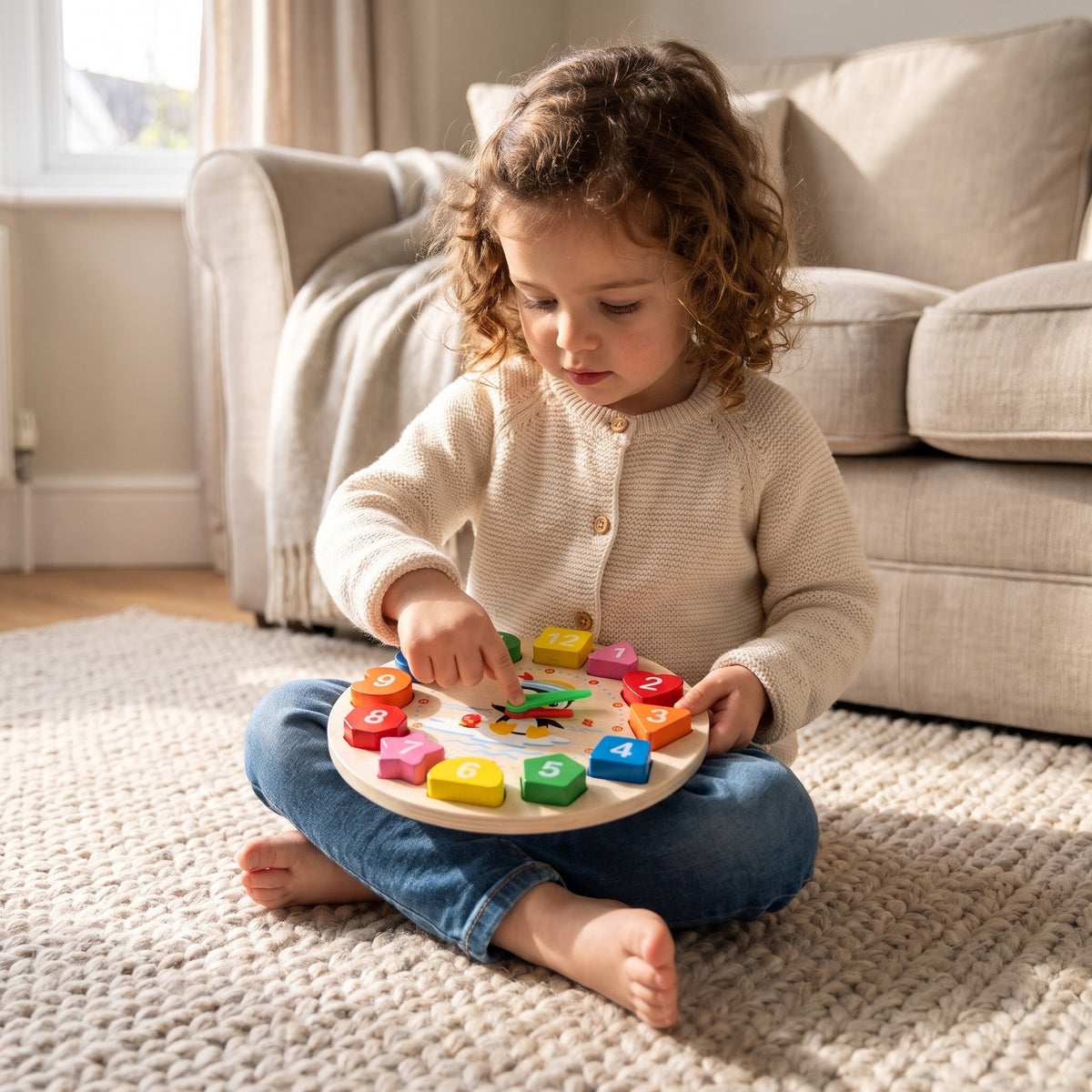Little girl on a living room rug turning the green hand of the wooden clock