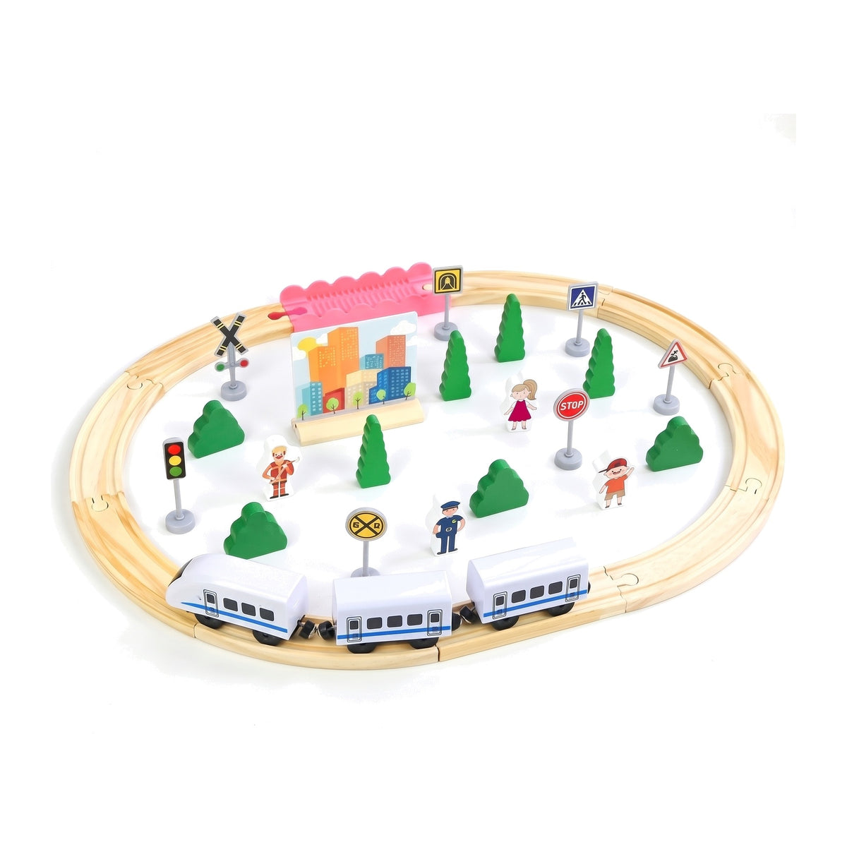35 piece wooden train set with oval track, white bullet train, figures, trees and signs