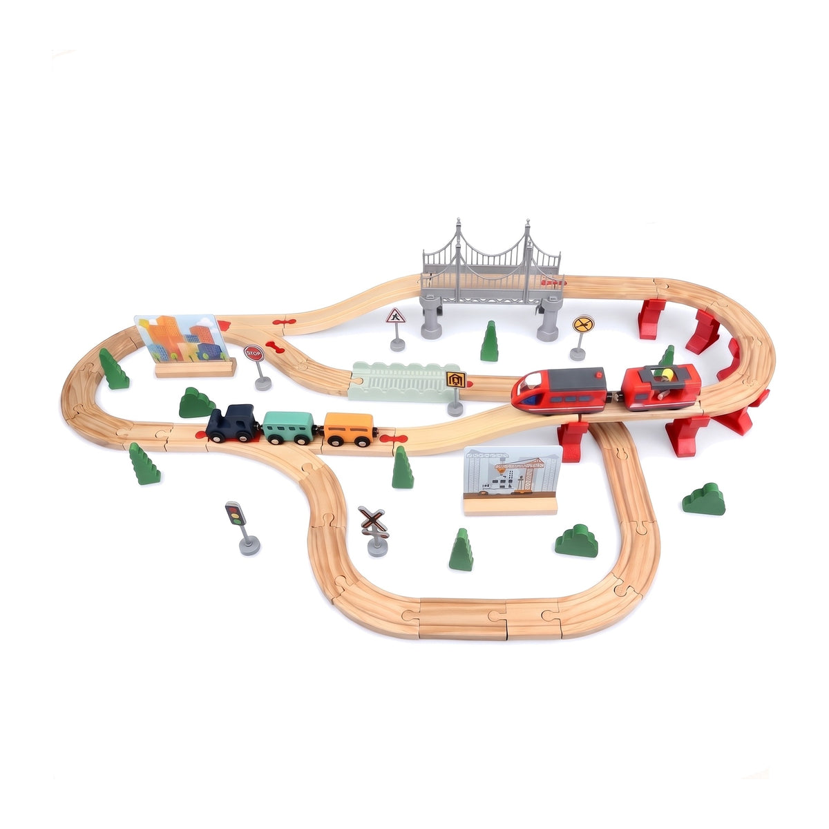 72 piece wooden train set with raised track, grey bridge and red bullet train